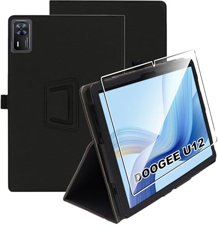 zZjoOoj fodral för DOOGEE U12 surfplattefodral 12 tum, ultratunt PU-fodralskydd, tablettskydd paket med 1 styck 9H hårdhet anti-repor film, vertikal stativfunktion och handslinga, svart