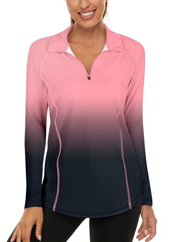 Akiooue Womens Long Sleeve UPF 50+ Running Tops 1/4 Zip Gym Sports Workout Cycling Golf Shirts Pink Black