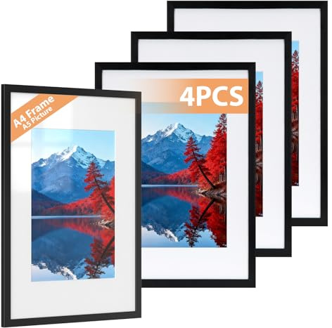 Alyvisun 4 Pack A4 Frame, A4 Picture Frames Display Pictures 14x20 cm with Mat or 19.7x29.3 cm Without Mat, Photo Frame Horizontal and Vertical Formats for Wall Hanging or Tabletop, Black