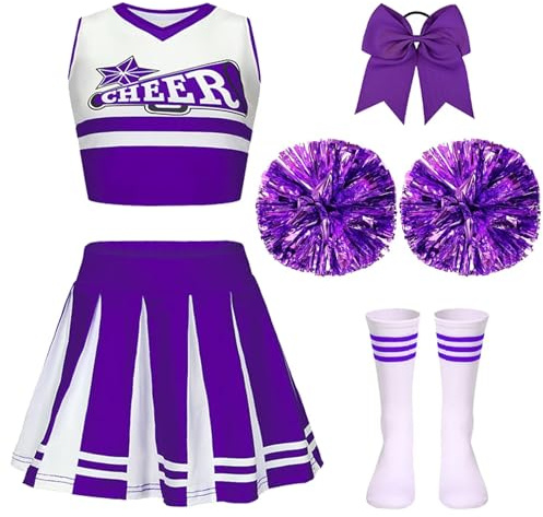 PIXUYE Deguisement Pompom Carnaval Girl Costume Cheerleader Fille avec Barrette Nœud Bâton de Majorette Pompons et Chaussettes, Cheerleader Uniforme pour Halloween Carnaval Fêtes,4-18ans