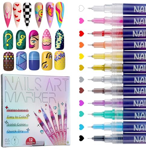 Set de 12 Stylos Nail Art, Stylo Vernis à Ongles 3D pour Dessiner & Décorer le Bout des Ongles, Nail Art Marker pour Lignes Fines, DIY Manucure & Décoration d’Ongles (12 Couleurs)