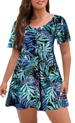 ECUPPER Womens One Piece Swimsuit with Sleeves Plus Size Swim Dress Modest Tummy Control Skirt Swimming Costume Built in Shorts