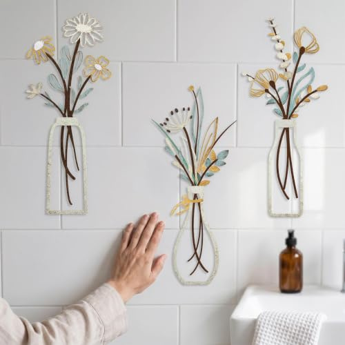 TIANLIN 3 Piezas Decoracion Pared Floral, 35 × 15 cm Adornos Pared Colorido | 3 Modelos Adornos Mural Metalicos, Hierro Decoración Salon Minimalista, para Salón, Pasillo y Dormitorio