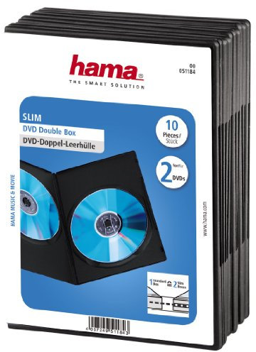 Hama Boîtier Slim double (pour DVD, convient également aux CD et disques Blu-ray, ultra mince, avec une feuille pour la couverture, lot de 10) Noir/Transparent