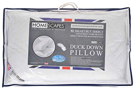 HOMESCAPES - New White Duck DOWN Pillow Sumptuously Soft Washable at Home - Anti Dust Mite and Anti Allergen - Soft to Medium Support