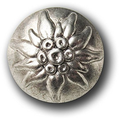 Knopfparadies - 3er Set besonders schöne, sehr große, stark gewölbte Edelweiß Knöpfe aus Metall/Trachtenknöpfe/altsilberfarben, Antik-Optik/Kunststoff/Ø ca. 27mm