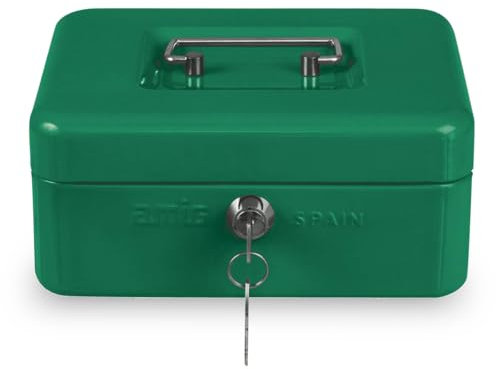Amig - Cash Box with Removable Coin Compartment | Nickel-Plated Safety Lock | Durable Steel Construction | Ideal for Shops and Offices, Green, Alloyed Steel