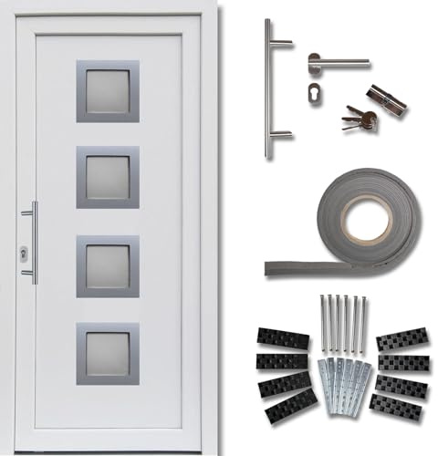 kuporta Haustür Komplett-Set – Eingangstür Haustüre aus Kunststoff Modell: Modena, 98 x 190 cm, DIN links, außen und innen weiß mit Stoßgriff-Set, Montageset, Fugendichtband