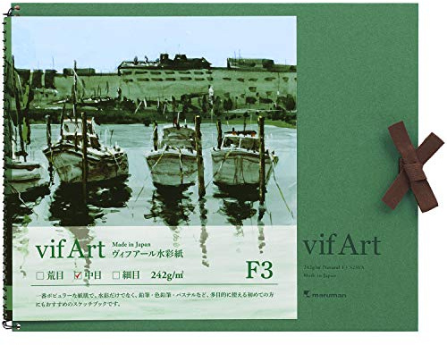 Maruman VifArt Watercolor Artbook- Premium Medium Watercolor Paper, Natural White, F3, 9.02 x 11.57, 15 Sheets/ 30 Pages, Reinforced Cover Sketchbook for Watercolor & Mixed Media, Green