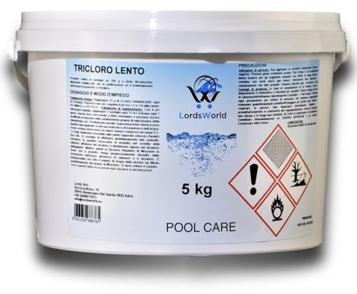 LordsWorld Pool Care - Pastiglie Cloro da 200 Grammi, Tricloro Biocida 90% a Lenta Dissoluzione - Disinfettante per Mantenimento Acqua Piscina Fuori Terra, Spa, Jacuzzi e Piscine Interrate (5Kg)