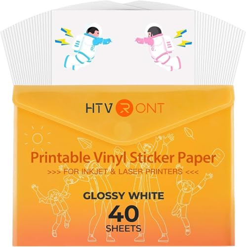 HTVRONT Stickerpapier, 21,6 x 27,9 cm, 40 Blatt, Bedruckbares Glänzend Weiß | Schnell trocknend, wasserfest, starke Haftung, einfach & abziehbar, anti-curl, staufrei, für Tintenstrahldrucker, 140 g/m²