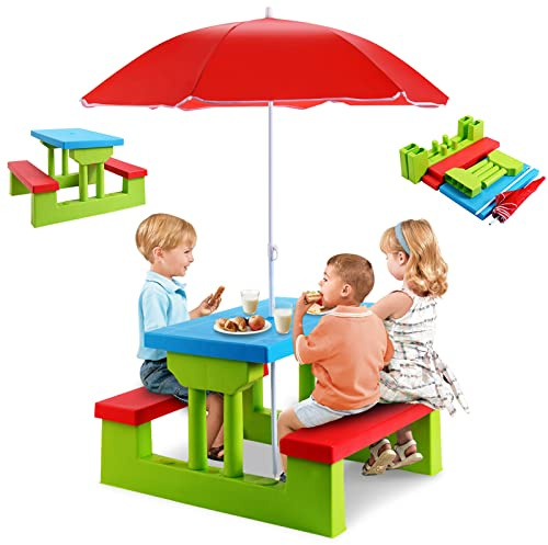 RELAX4LIFE Ensemble Salon de Jardin pour Enfant avec Table et 2 Bancs | Mobilier de pique-nique pour enfants avec parasol centré, idéal pour cour, patio et piscine