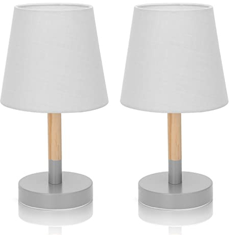 Aigostar Nachttischlampe 2er Set Holz, Moderne Tischlampe mit Stoffschirm und Metallfuß, E14 Fassung, Tischleuchte für Schlafzimmer, Wohnzimmer, Arbeitszimmer – Grau