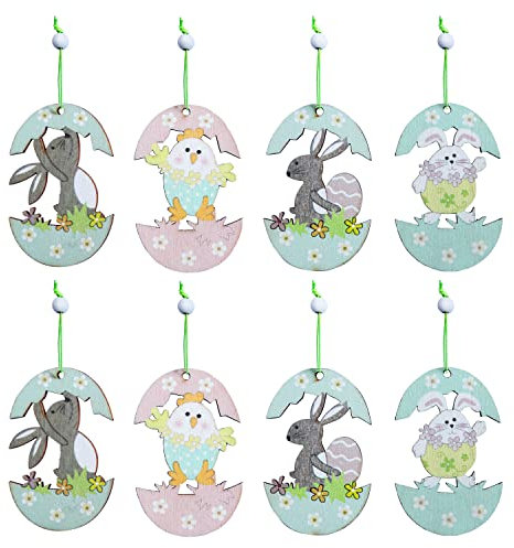 Regendeko 8pcs Osteranhänger Hase Hahn Ostereier aus Holz Ostern Deko Frühlingsdeko (2)