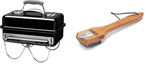 Weber Go Anywhere tragbarer Holzkohlegrill, 42 x 26 cm, Schwarz (1131004) & 6463 Grillbürste mit Bambusholzgriff, 30 cm, Grillreinigung, Holzkohlegrill, Schwarz