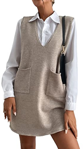 OYOANGLE Women's V Neck Sleeveless Knitted Solid Short Sweater Dress with Pockets Khaki L