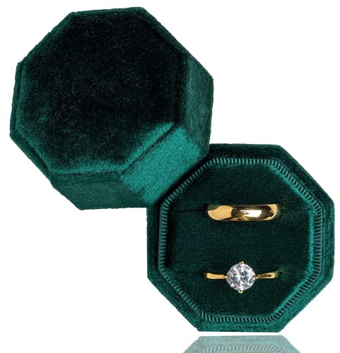TINGFENG Velvet Ring Box Double Slots Octagon Ring Case Box Vintage Jewellery Case Velvet Ring Gift Box for Wedding Engagement Proposal Birthday Ceremony Holding 2 Rings (Dark green)