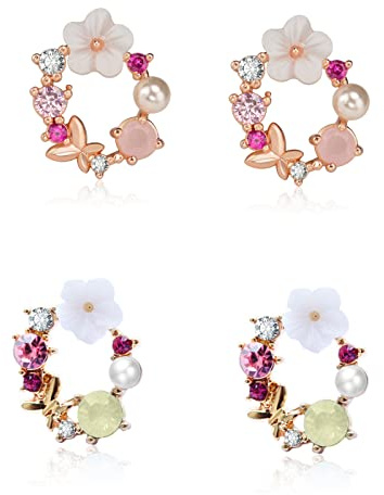 XPEX 2 pares de pendientes de tuerca de corona para mujer, hipoalergénicos, circonita cúbica, pendientes de tuerca para mujer, bonita mariposa, flores de colores, perlas para fiesta