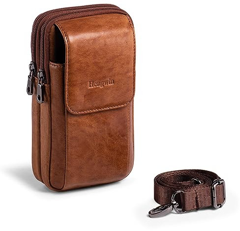 Hengwin Phone Belt Holder, Genuine Leather Cellphone Bag, Men’s Shoulder Crossbody Purse, Small Card Money Travel Pouch with Strap Mobile