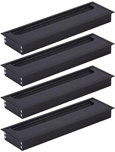 HOOZ 4X Kabeldurchführung Schreibtisch, 280mm Aluminium Kabeldurchlass mit Bürstendichtung, Kabeldurchführung Tisch für Tisch Büro Arbeitsplatten, Kabelkanal für Möbel und Schreibtisch (Rechteckig)