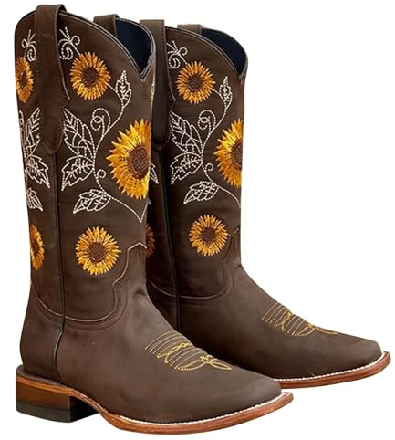 BERULL Western cowboystövlar för kvinnor bred vad låg klack slitna cowgirlstövlar höst stövlar för kvinnor mitten av vaden cowgirl västerländska stövlar solros broderi sydda tossor