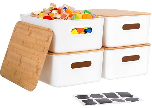 Citylife Storage Bins with Bamboo Lids 13QT Plastic Storage Containers Stackable Organizer Boxes with Handle for Desk Snacks, Toys, 4 PCS, 14 L x 10.6 W x 6.18 H