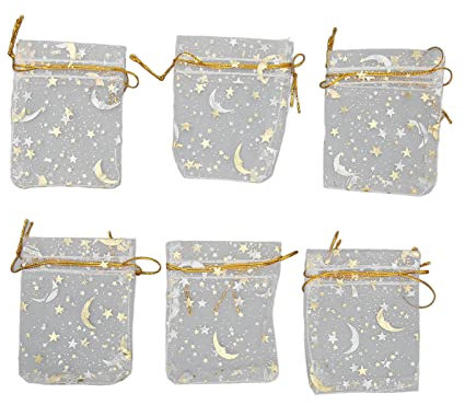 100 Stück Mondstern-Organzabeutel, 7,1 X 8,9 Cm, Transparente Organza-Beutel Mit Kordelzug, Geschenkbeutel Mit Kordelzug Für Hochzeit, Weihnachten, Party, Geschenktüten, Weiß