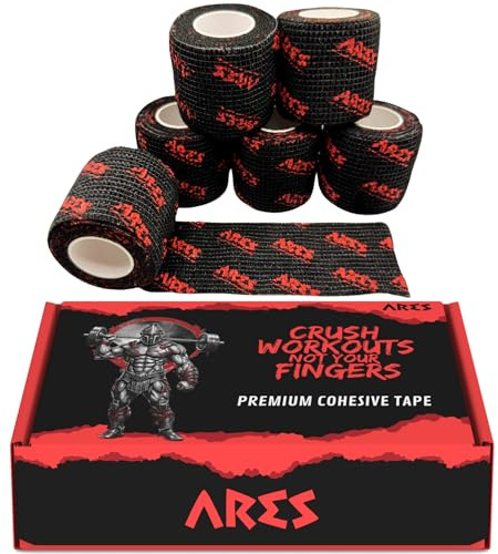 ARES - TAPE coesivo per Crosstraining, Ginnastica e Sollevamento Pesi – Nastro elastico senza colla, Grip migliorato – 6 rotoli (4,5m x 5cm, Nero)