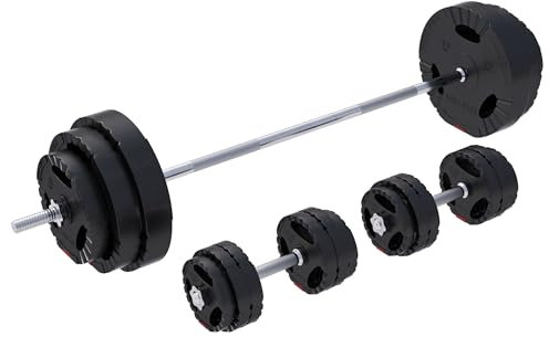 GORILLA SPORTS® Hantelset - 60kg, 100kg oder 130kg, Langhantelstange 170cm, 2 Kurzhanteln, 30mm Hantelscheiben aus Kunststoff, mit Sternverschlüssen - Langhantel, Hantel Set, Gewichte, Fitness