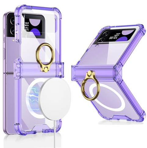 Clatoxi Clear Case for Samsung Galaxy Z Flip 4 with Ring Holder and Hinge Protection, Compatible with Wireless Charger, Slim Transparent Hard PC Case for Samsung Z Flip 4 (Purple)