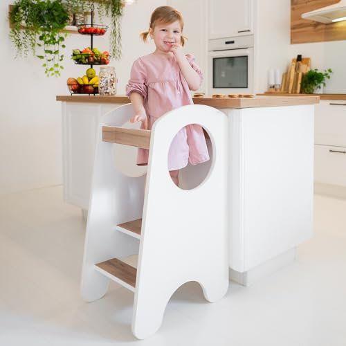 KIDIE Kinder Lernturm ab 1 Jahr, Montessori Höhenverstellbar Lernstuhl Baby, Toddler Learning Tower - Weiss