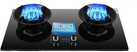 Estufa De Gas Con 2 Quemadores, Temporizador De Fuego Alto De 9 Cavidades, 5,2/8,2 KW, Soporte For Olla De Hierro Fundido De Vidrio Templado Negro Con Protección Contra Llamas(NG)