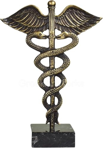 Scultura artistica in metallo con simbolo del caduceo Mercurio su base in marmo