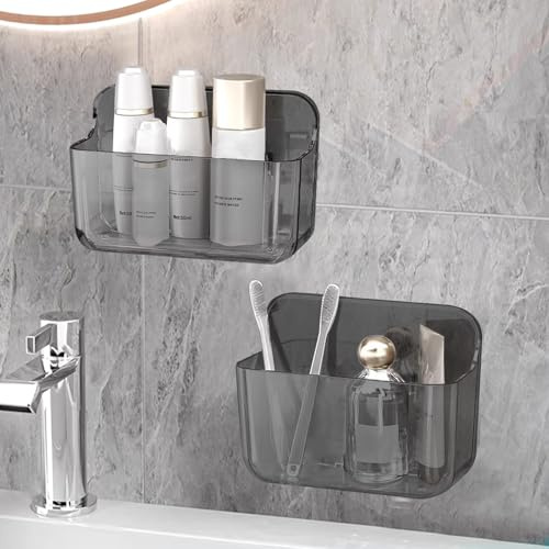 ANRUI Duschablage Ohne Bohren, 2 Stück Acryl Duschregal Wandmontage, Badezimmer Regal Organizer Shampoo Duschgel Halterung für Dusche, Duschkorb Ohne Bohren für Bad Küche, Grau-Kleiner Korb