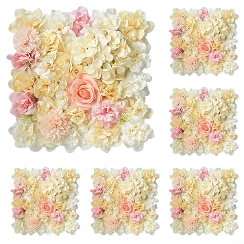 Lot de 6 décorations murales de fleurs artificielles pour mariage, panneaux muraux de fleurs artificielles, fleurs d'hortensias en soie 3D (jaune rose)