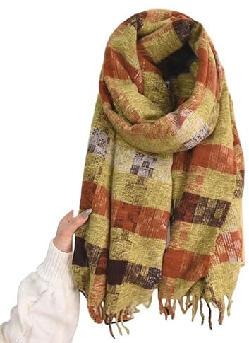 Keninll Damen Schal Kaschmir Schal Quaste Bunte Quadrate Winter Mode Decke Weich Warm und Bequem, grün, 70inch
