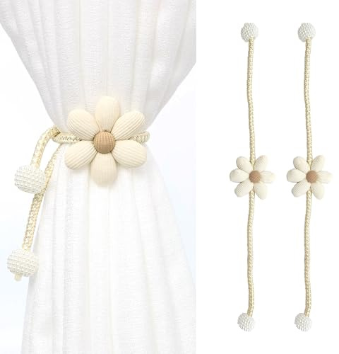 LIANCHEN 2 Pcs Gestrickte Vorhang Halter Beige Blumen Raffhalter Blumen Boho Vorhanghalter Deko Raffhalter Dekorative Vorhang Gardinen Kordel mit Perlen für Haus, Büro, Fenster Dekoration (Beige 1)