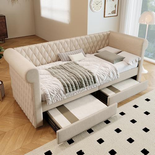 Wiuzo Vintage Kopfteil Polsterbett Sofabett 90x200 cm, Schlafsofa Tagesbett mit 2 Stauraum Schubladen, Kinderbett Jugendbett Bettgestell mit Lattenrost aus Holz, Linen, Beige(Ohne Matratze)