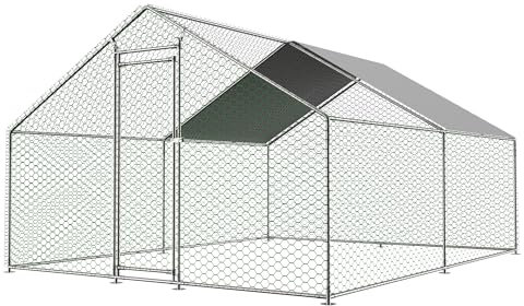 Hühnerstall mit Überdachung, 3 x 4 x 2 Meter, Verzinkter Stahl, Freilaufgehege Tiergehege für Hühner Hasen, Kleintiergehege mit Sonnenschutzdach und Tür für Hühner Ente (3x4x2M)