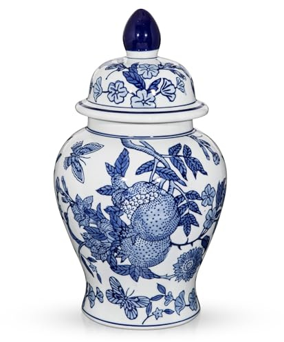 Blau‑Weiße Porzellan‑Deckelvase Chinesische Handbemalte Vintage Keramikvase mit Dekor, Blaue und weiße Porzellan Vase für Klassische Chinoiserie Deko für Wohnzimmer, Konsole & Sideboard