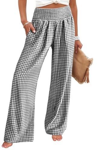 ANRABESS Womens Palazzo Pants, Striped & Gingham, Lounge & Casual, Cute Pajama Pants, Wide Leg, High Waisted, Pockets Black White Plaid Small