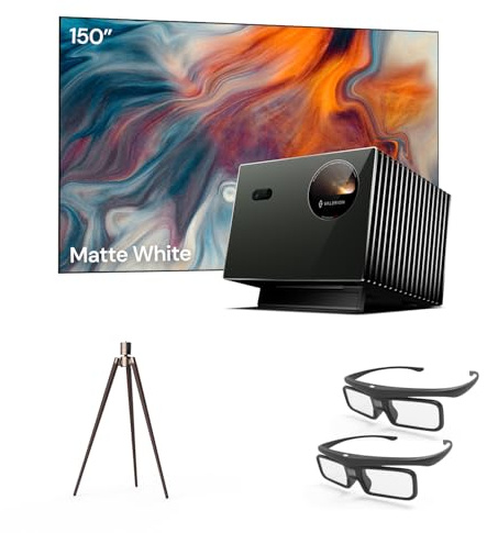 Paquete de Cine en casa Valerion：Proyector láser Triple Valerion VisionMaster Pro2 4K + Pantalla de 150 + trípode de Nogal + Gafas 3D