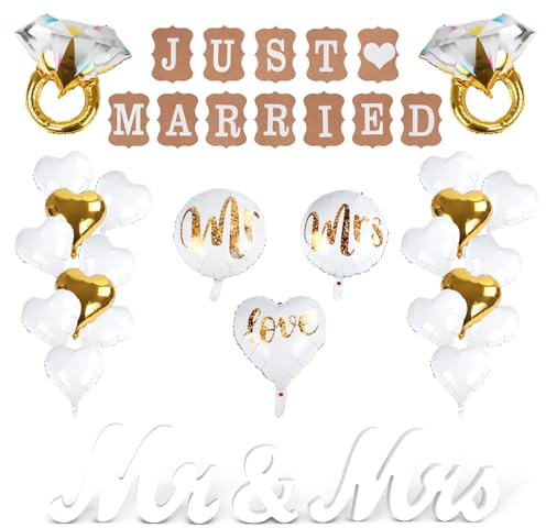 Hochzeitsdeko Set, Just Married Hochzeitsdeko mit 23 Ballons und Banner, Mr & Mrs Deko Hochzeit Folienballon für Hochzeit Dekoration