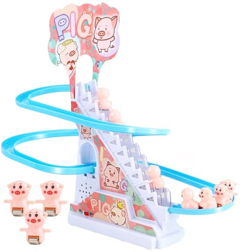 Elektrische Schweinchen Treppensteigen Spielzeug, Klettertreppe Spielzeug mit Rutsche, Schweinchen Achterbahn, Schwein Rutsche Spielset Geschenk für Kleinkinder Kinder Junge Mädchen