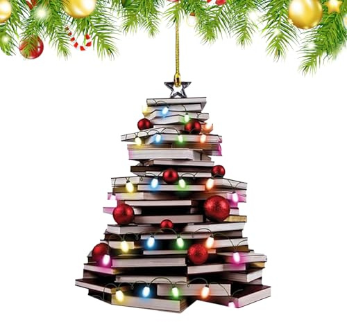 Weihnachtsbaum Anhänger, Weihnachtsbaum Form Bücherregal Anhänger, Weihnachtsbaumschmuck Lustig, Bücher Gestapelt Ornament, Acryl, Christbaumschmuck für Weihnachten Deko