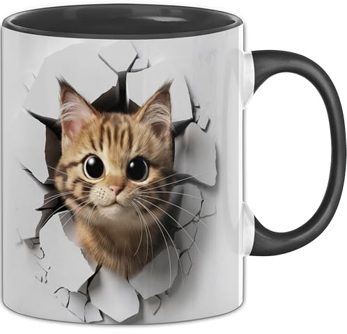 3D Katze Tasse Geschenk Katze Durchbruch Wand Grafik Geschenkidee für Katzen Liebhaber (Schwarz)
