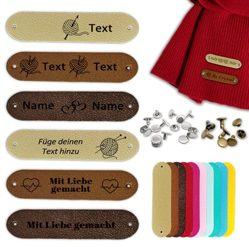 LJSCQF 12 Stück Personalisierte Leder Etiketten, Individuelle Handgefertigte Lederetiketten Mit Nieten, DIY Handgemachte Etiketten für Häkeln Kleidung Hüte Schals Handschuhe (Langer schmaler Kreis)