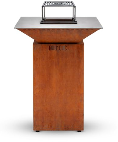 GRILL'CHIC - Pack Privilège Brasero Cévenol Corten Normal Carré - Simple Cuve - Avec Bâche + Grille + Stop Food Inclus - À Assembler - Fabriqué en France - 74 L x 74 P x 89 H cm