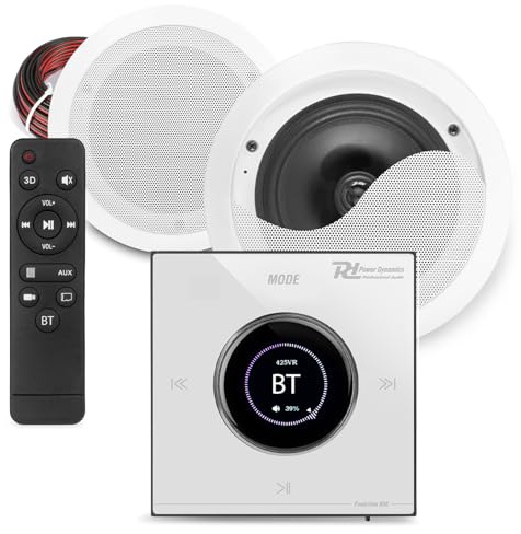 Power Dynamics Powerline Bluetooth Bathroom Ceiling Speaker Audio System with In-Wall Amplifier, Touch LCD, 2x 6.5 Moisture-Resistant Speakers, Speaker Cable – Complete Home Audio Ceiling Install Kit