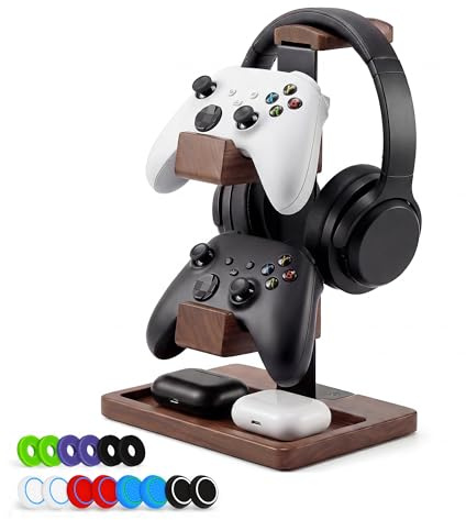 Yhinxuen 2-in-1-Controller-Halter und Kopfhörer-Ständer, doppelstöckiges Aufbewahrungsregal ausMassivholz für Gaming-Zubehör. Halter für universelle Gaming Controller/Kopfhörer(Baum Braun)
